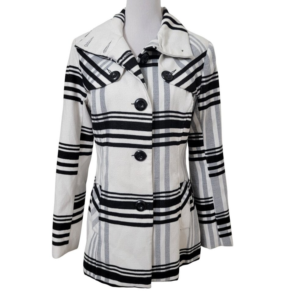 B-Wear Byer California Size XL Black, Gray White Plaid Pea Coat, Gently Used